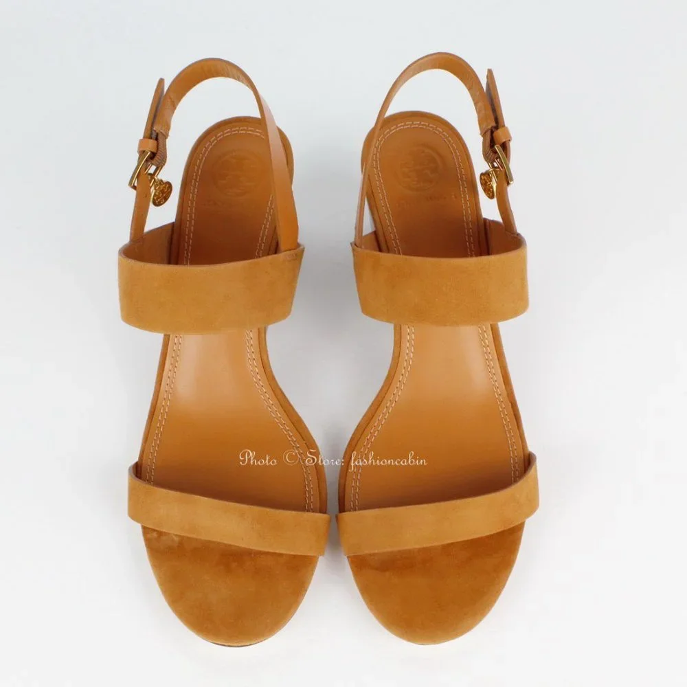 NEW Tory Burch Mini Benton Wedged Suede Leather Sandals, Ambra, US 10